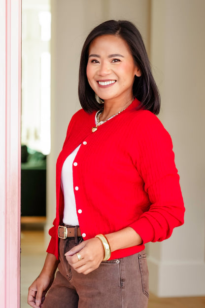 Red Cable Knit Long Sleeve Button Down Cardigan