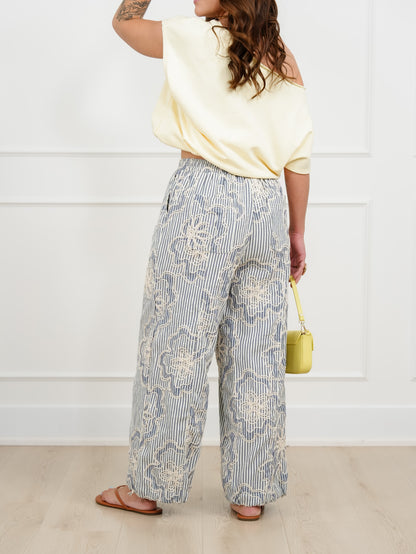 Floral Stripe Elastic Waist Pants With Pockets
