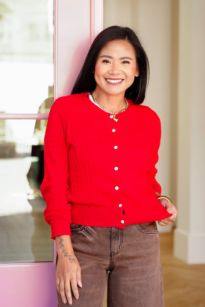 Red Cable Knit Long Sleeve Button Down Cardigan
