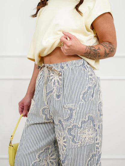 Floral Stripe Elastic Waist Pants With Pockets