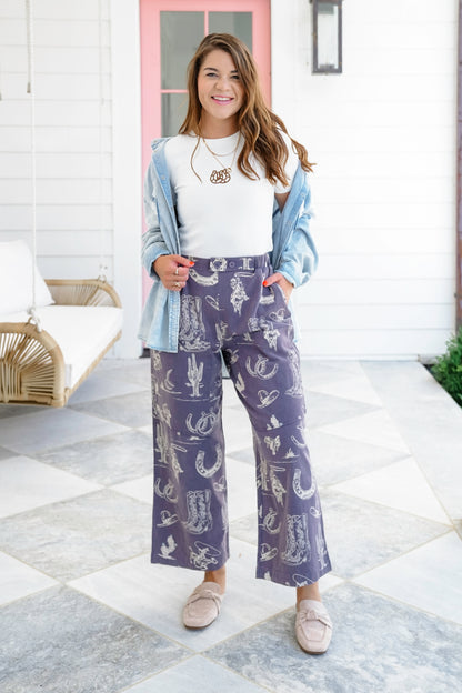 Western Print Wide Leg Pants