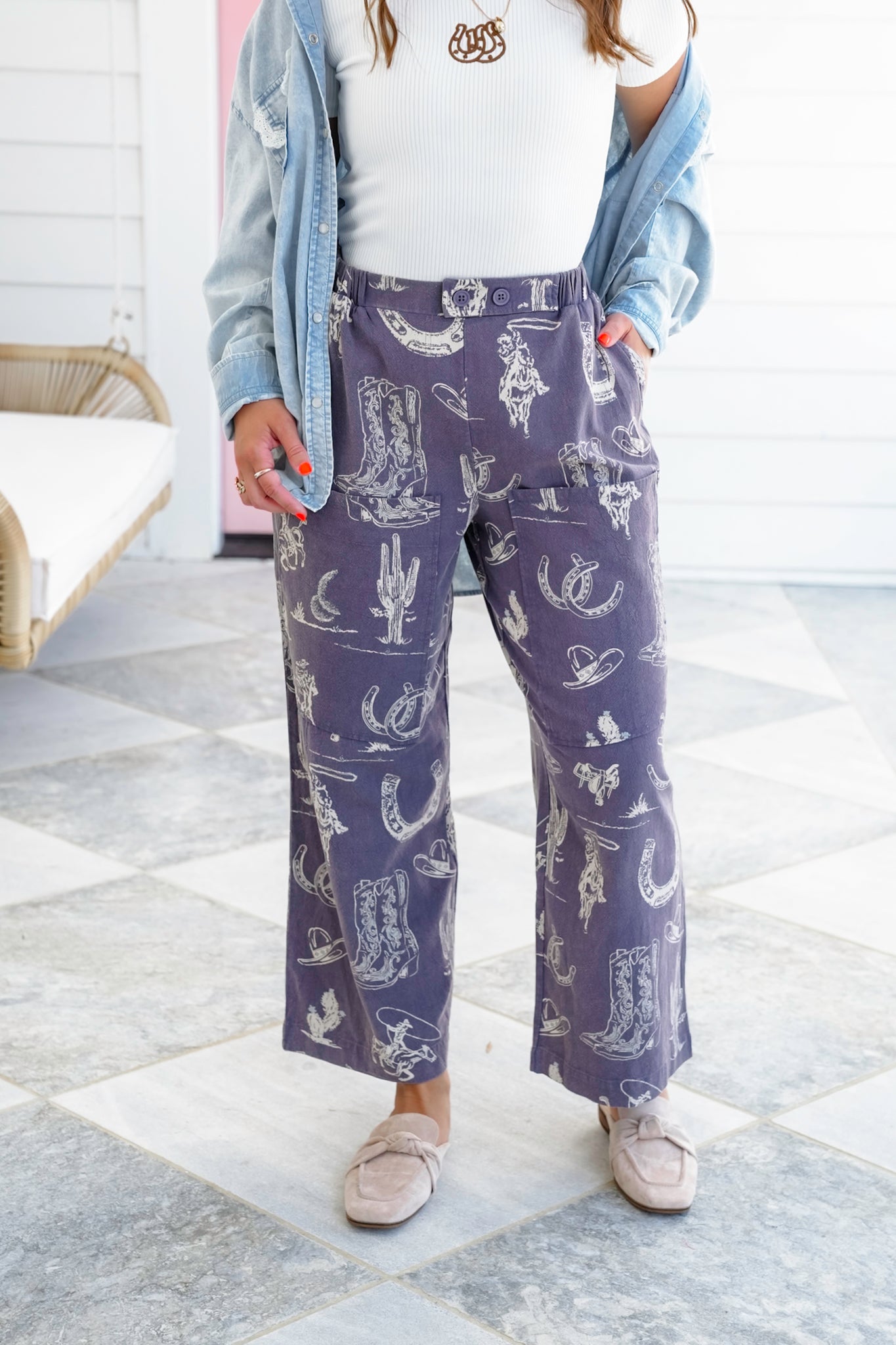 Western Print Wide Leg Pants