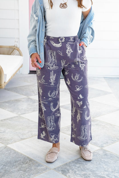 Western Print Wide Leg Pants