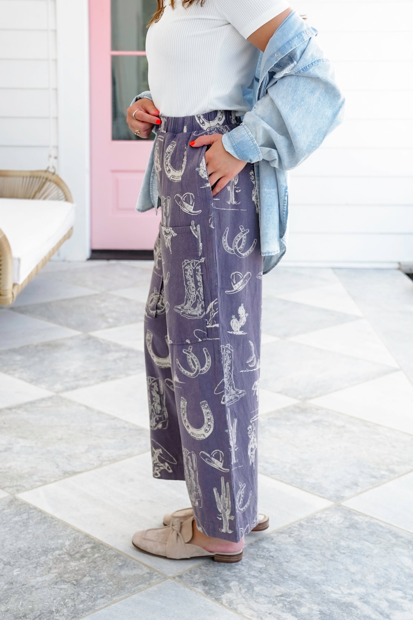 Western Print Wide Leg Pants
