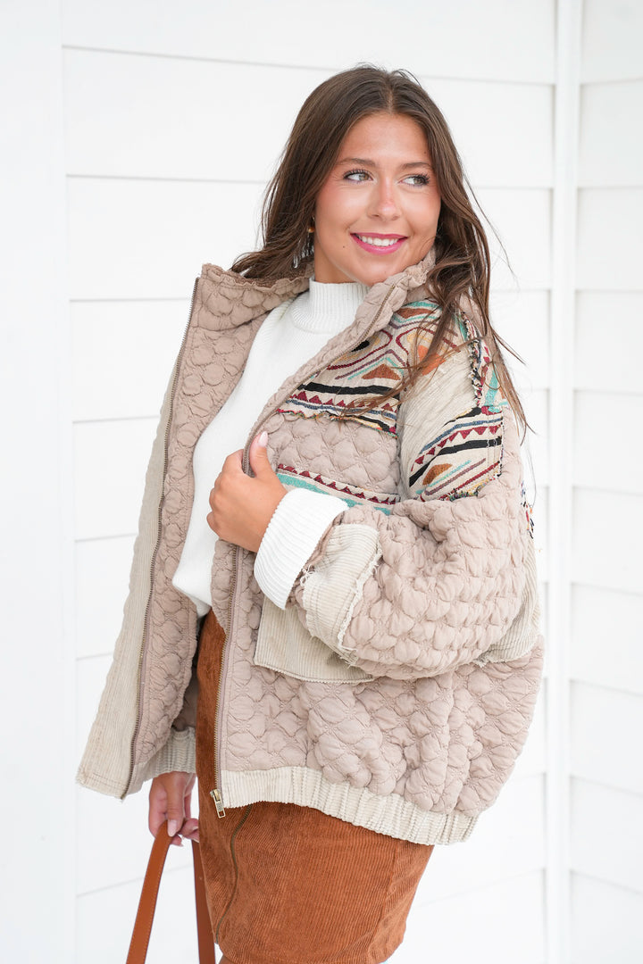 POL Quilted Long Sleeve Hoodie Jacket with Jacquard Detail