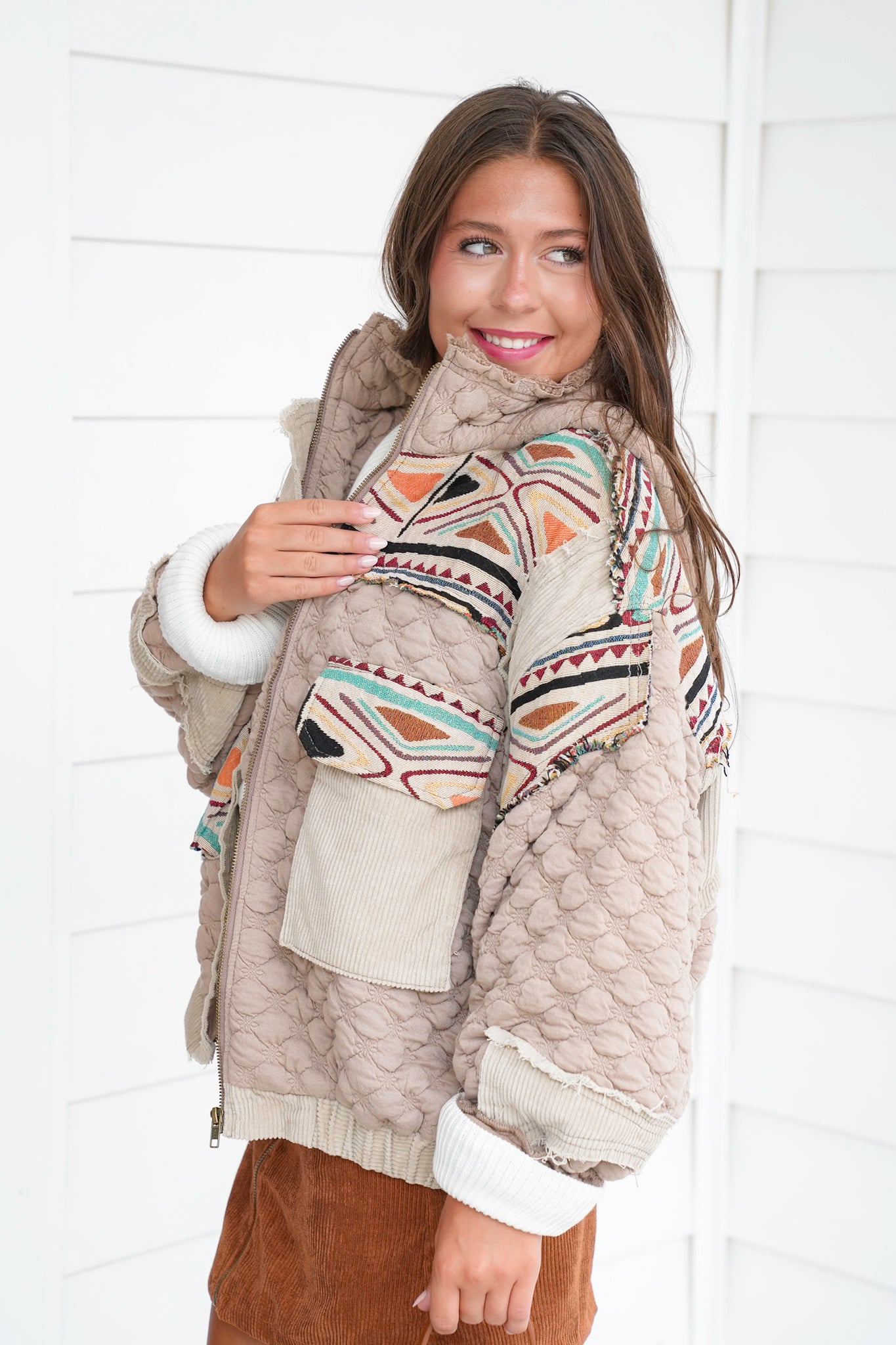 POL Quilted Long Sleeve Hoodie Jacket with Jacquard Detail