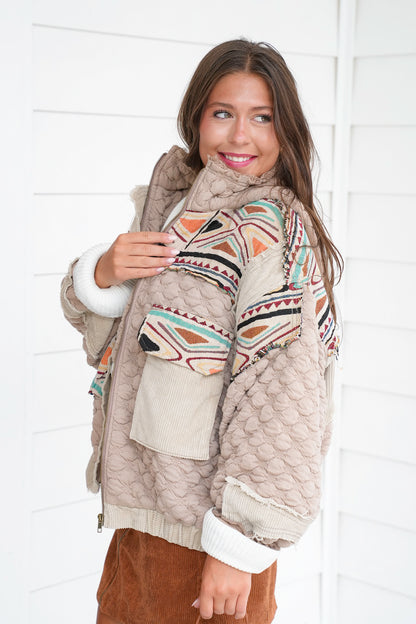 POL Quilted Long Sleeve Hoodie Jacket with Jacquard Detail