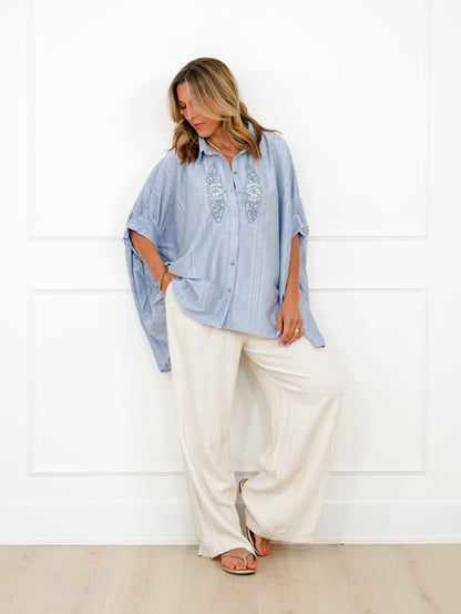 POL Blue Half Sleeve Button Down Top with Lace Trim