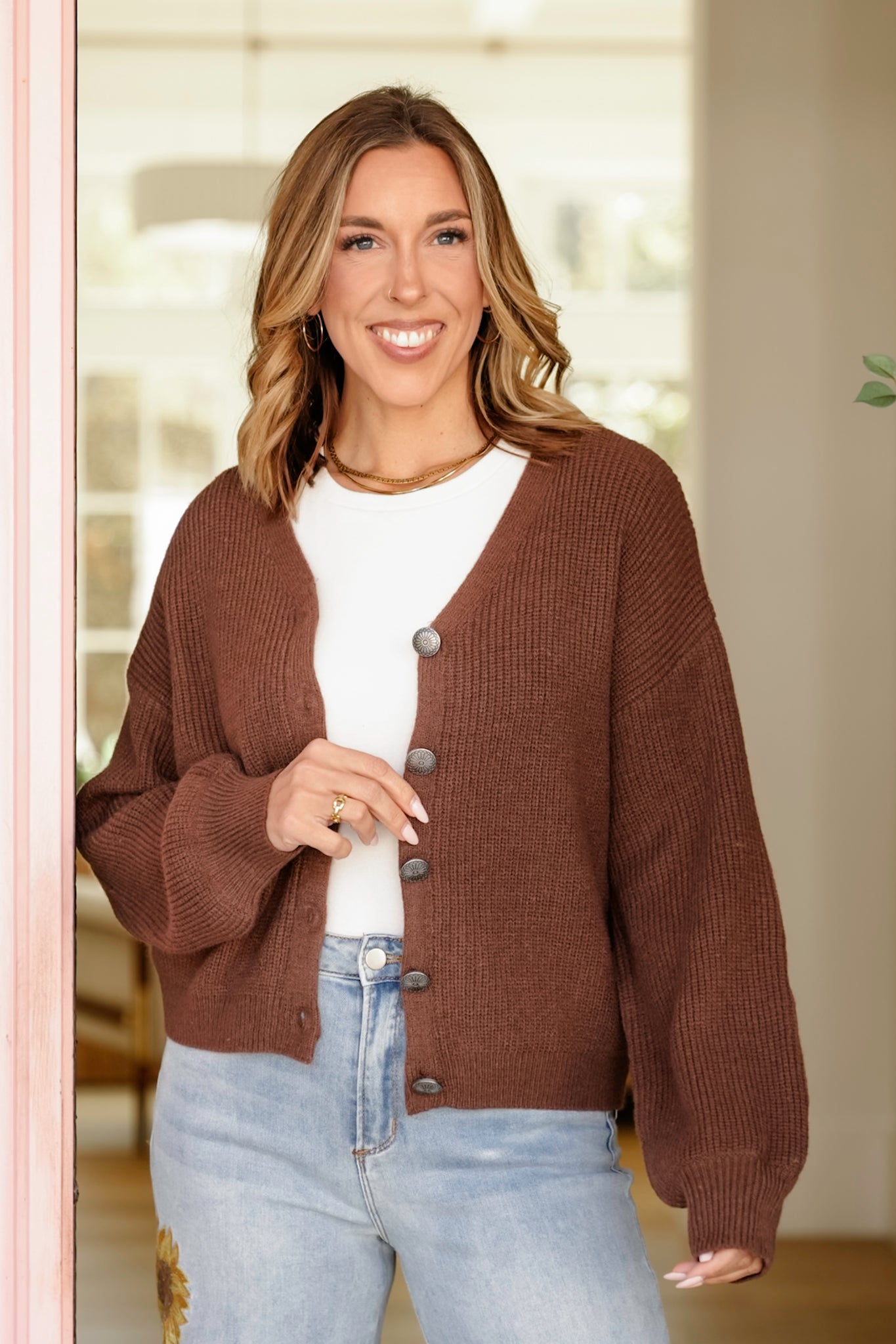 Plus/Reg Brown Long Sleeve Button Down Cardigan