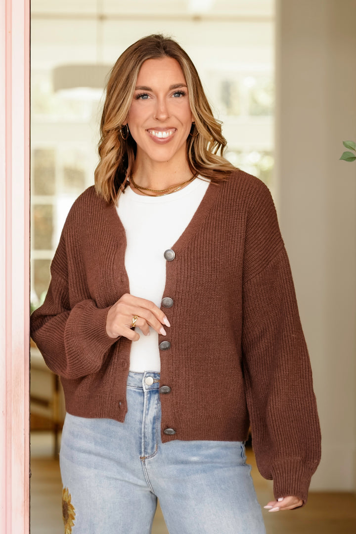 Plus/Reg Brown Long Sleeve Button Down Cardigan