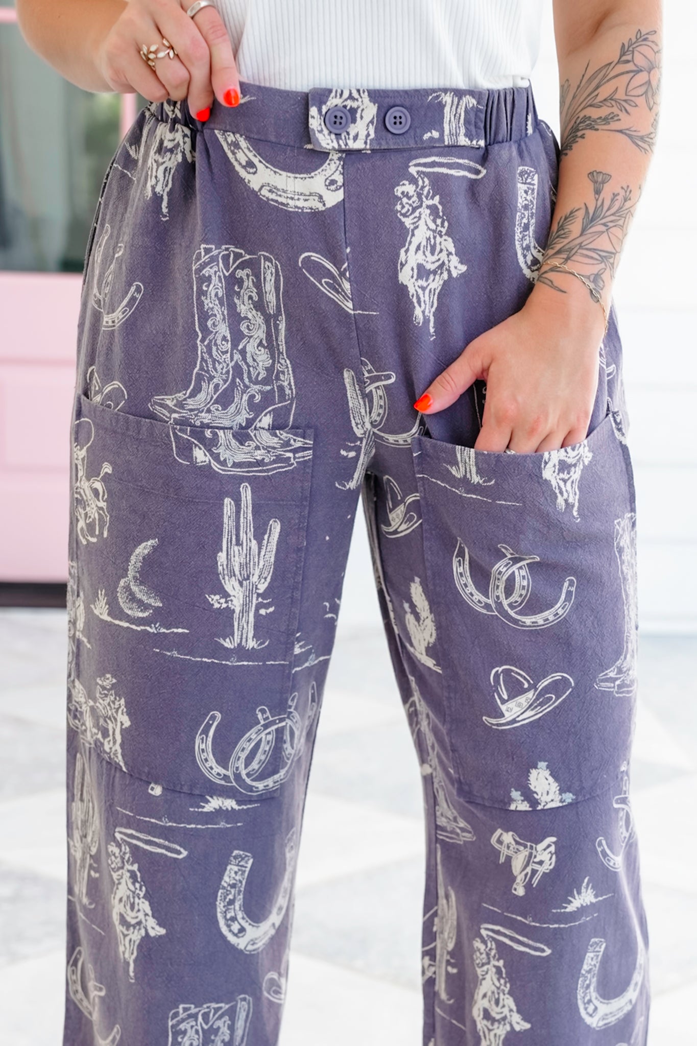 Western Print Wide Leg Pants