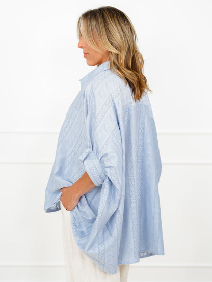 POL Blue Half Sleeve Button Down Top with Lace Trim