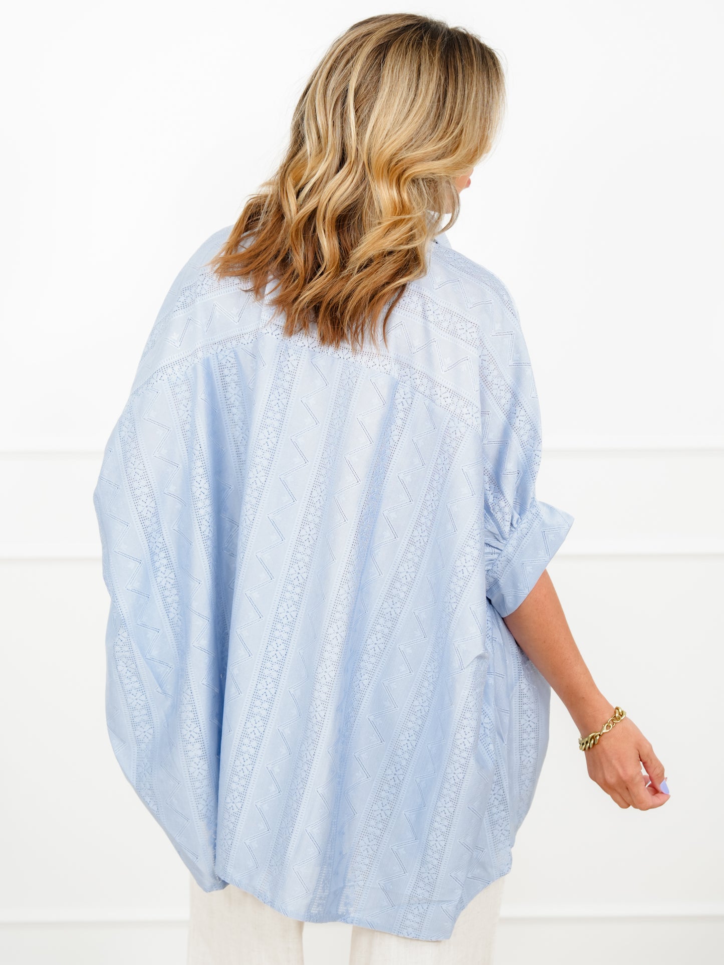POL Blue Half Sleeve Button Down Top with Lace Trim