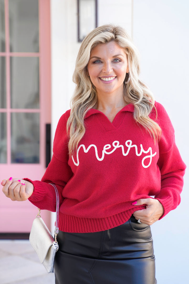 Plus/Reg Red Collared Long Sleeve "Merry" Sweater