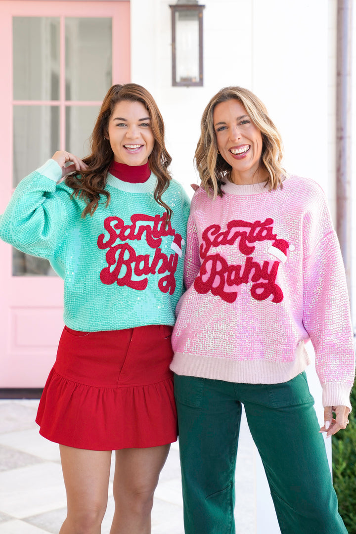 Sequin Long Sleeve "Santa Baby" Pullover Sweater