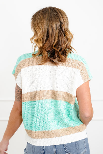 Plus/Reg Knit Stripe Short Sleeve V-Neck Top