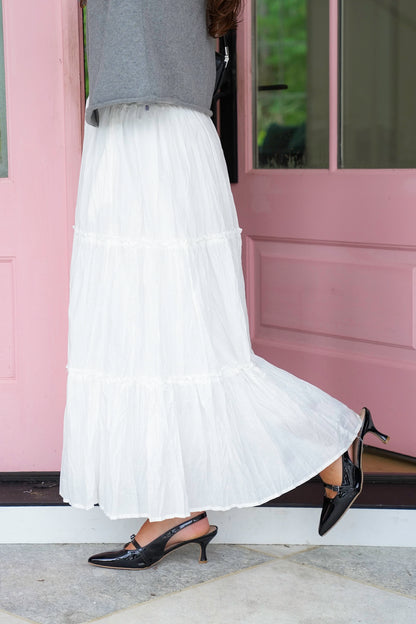 White Crinkle Elastic Waist Tiered Midi Skirt with Side Pockets