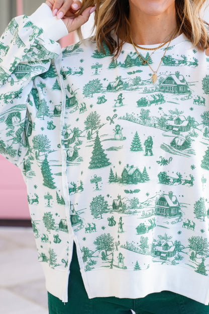 Christmas Toile Print Long Sleeve Pullover Top