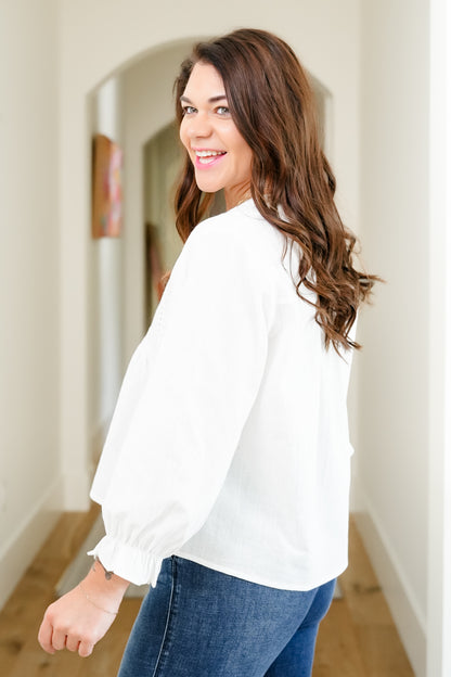White Eyelet 3/4 Sleeve V Neck Blouse