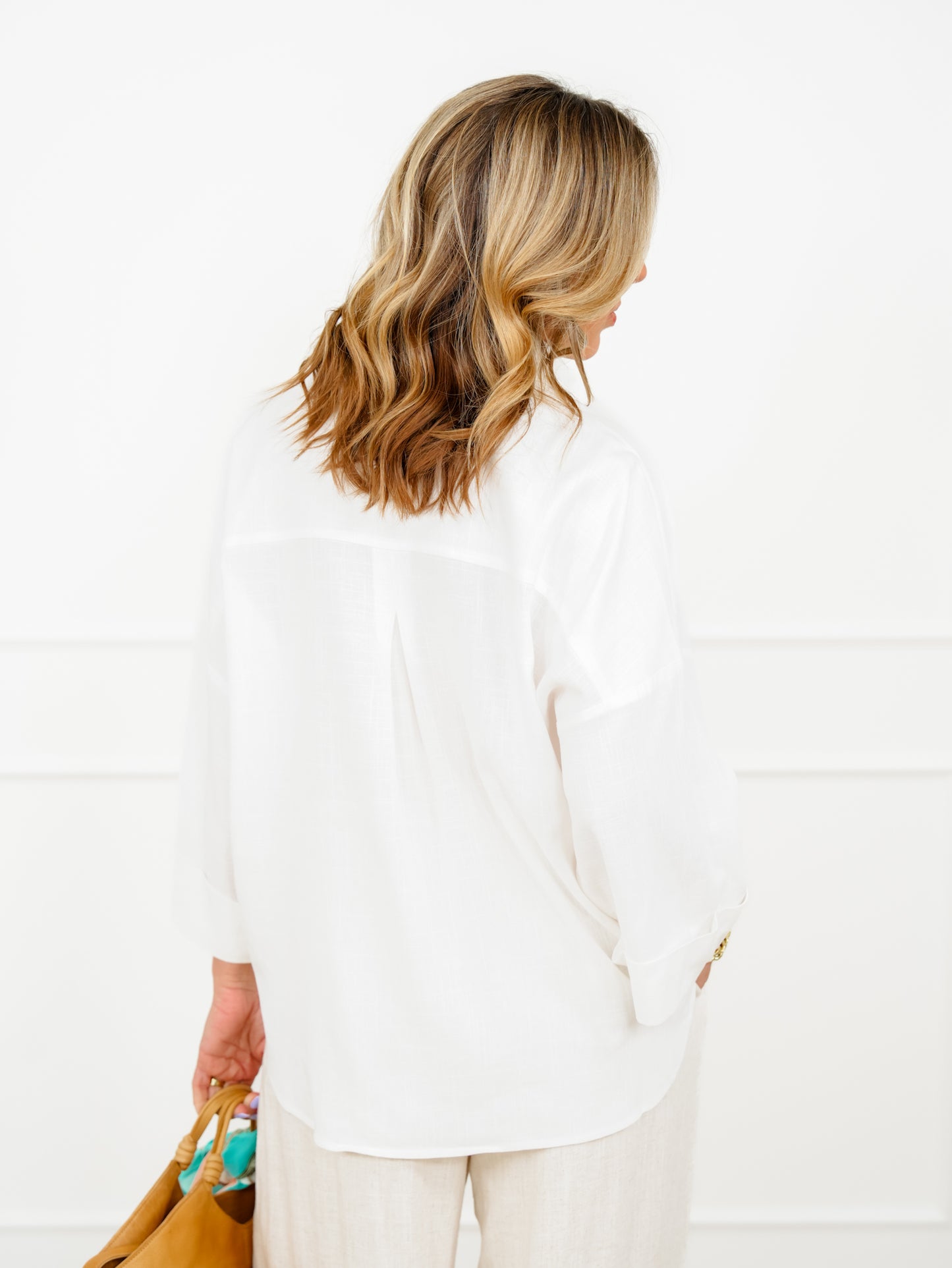 Plus/Reg White Linen Blend 3/4 Sleeve Button Down Top