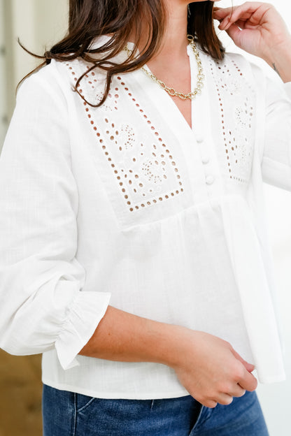 White Eyelet 3/4 Sleeve V Neck Blouse