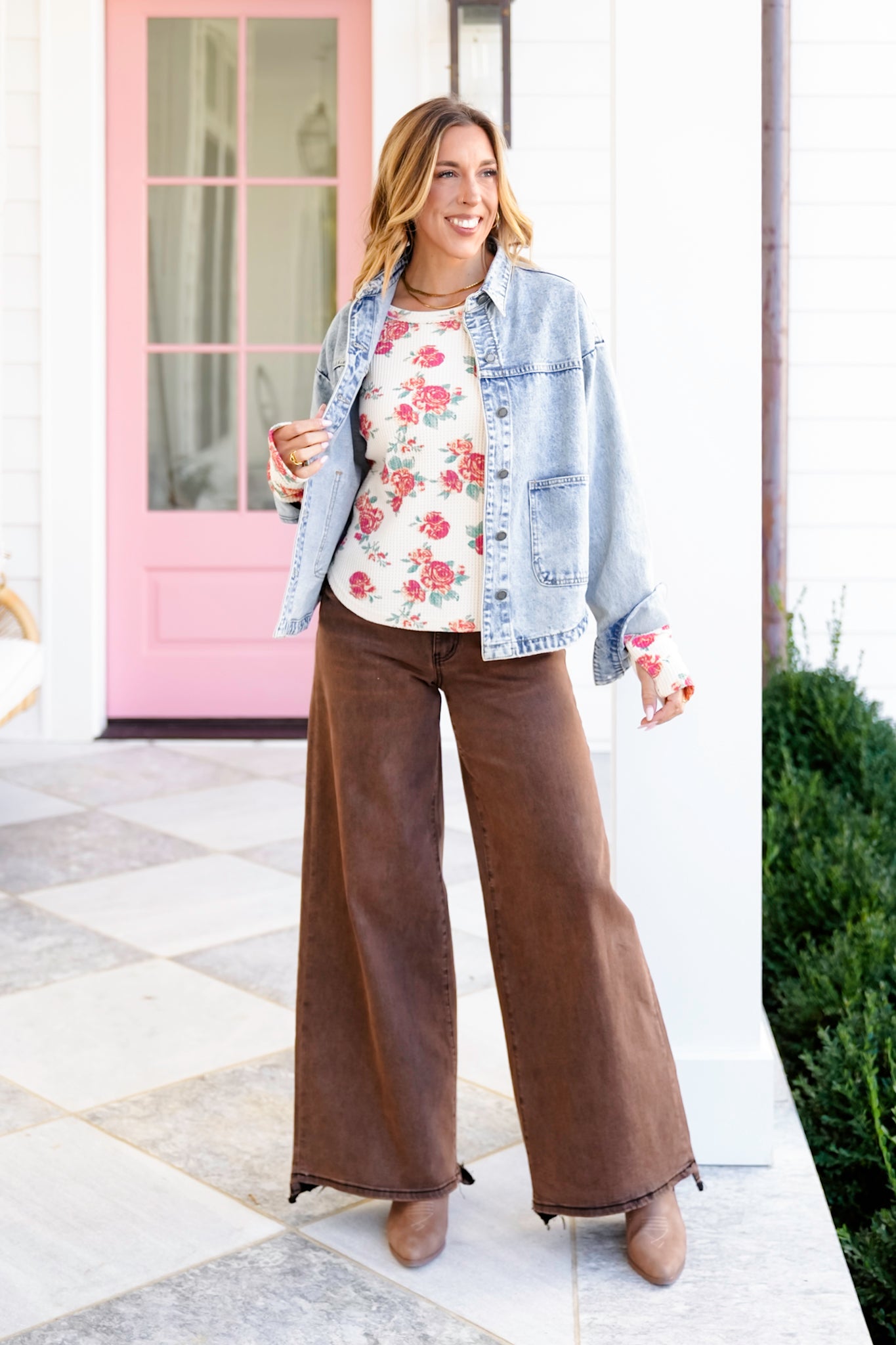 Floral Print Waffle Knit Long Sleeve Top