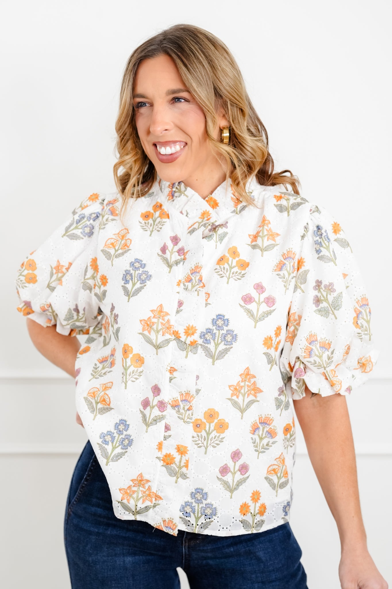 Floral Print Eyelet Short Puff Sleeve Button Down Top