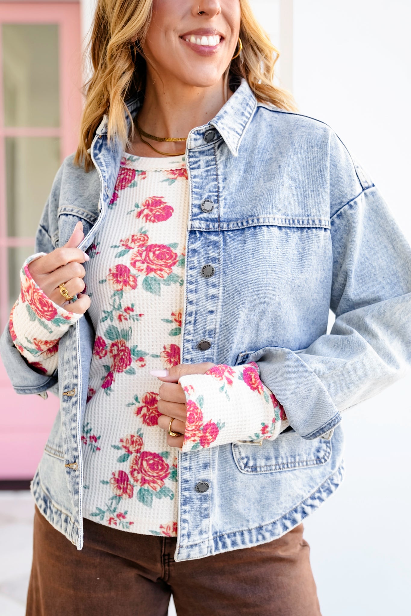 Floral Print Waffle Knit Long Sleeve Top