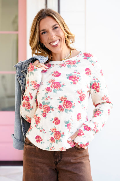 Floral Print Waffle Knit Long Sleeve Top