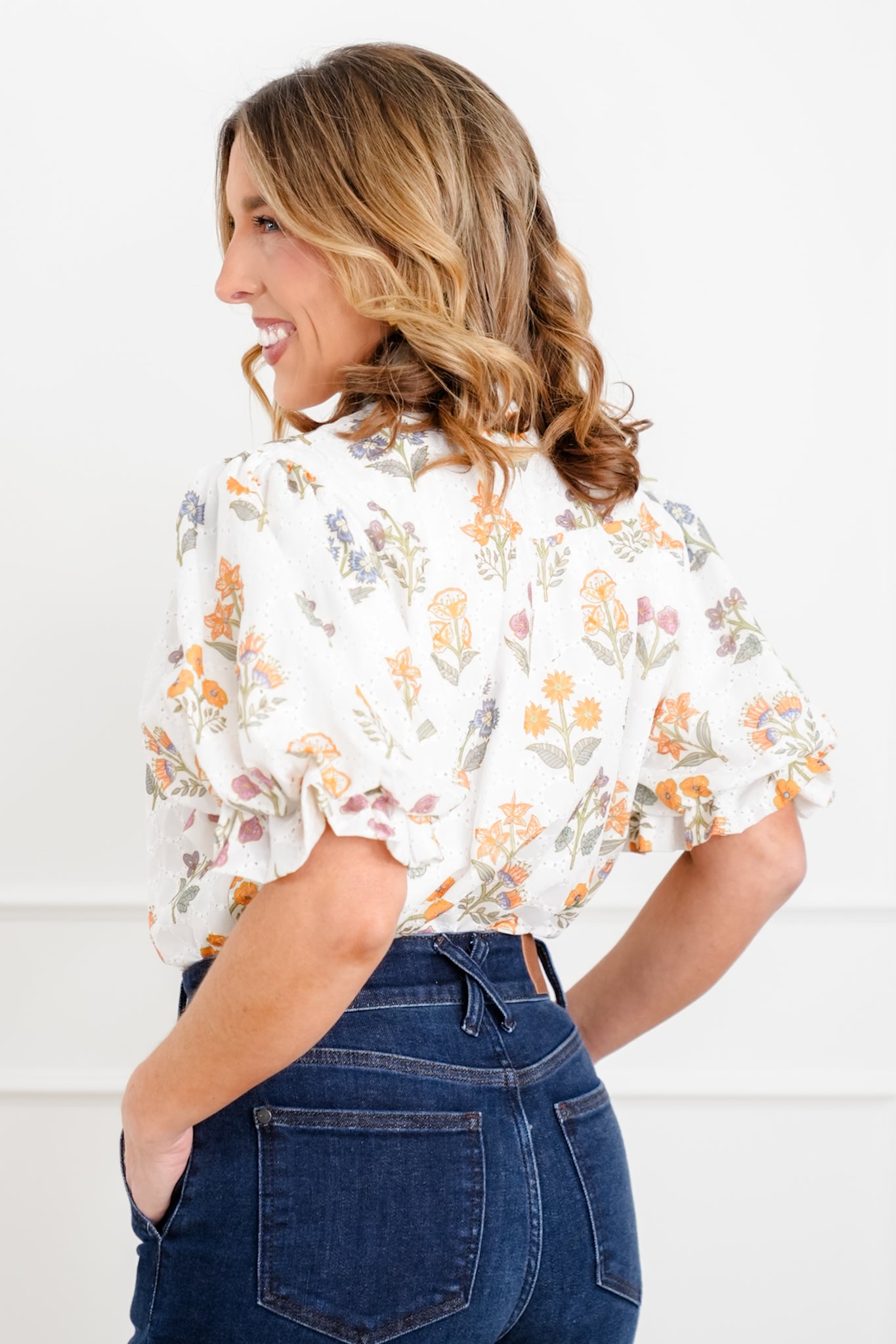 Floral Print Eyelet Short Puff Sleeve Button Down Top