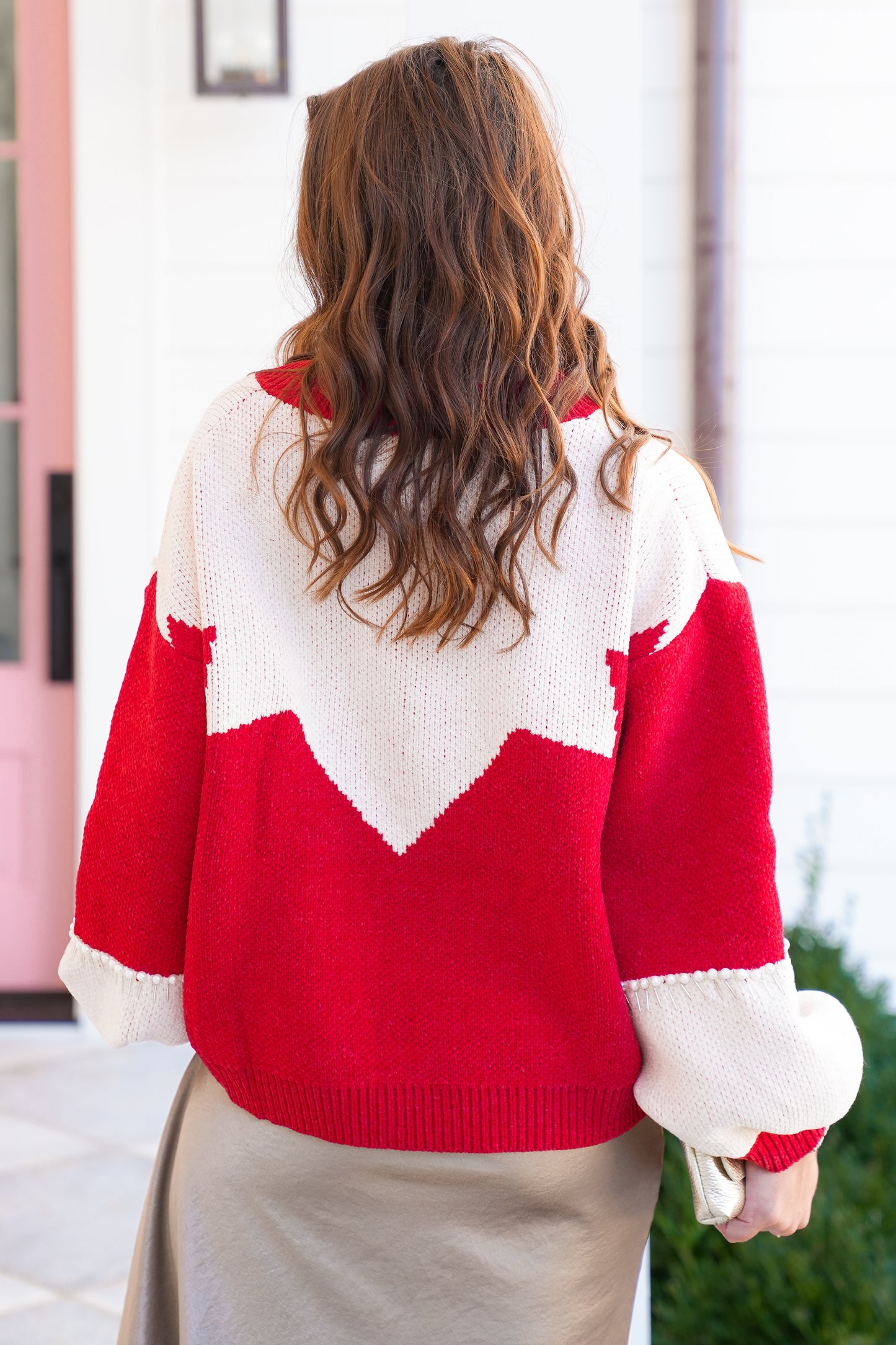 POL Color Block Long Sleeve Sweater with Pearls
