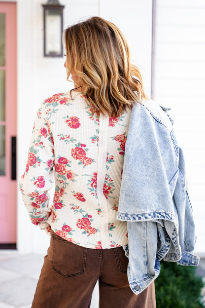 Floral Print Waffle Knit Long Sleeve Top