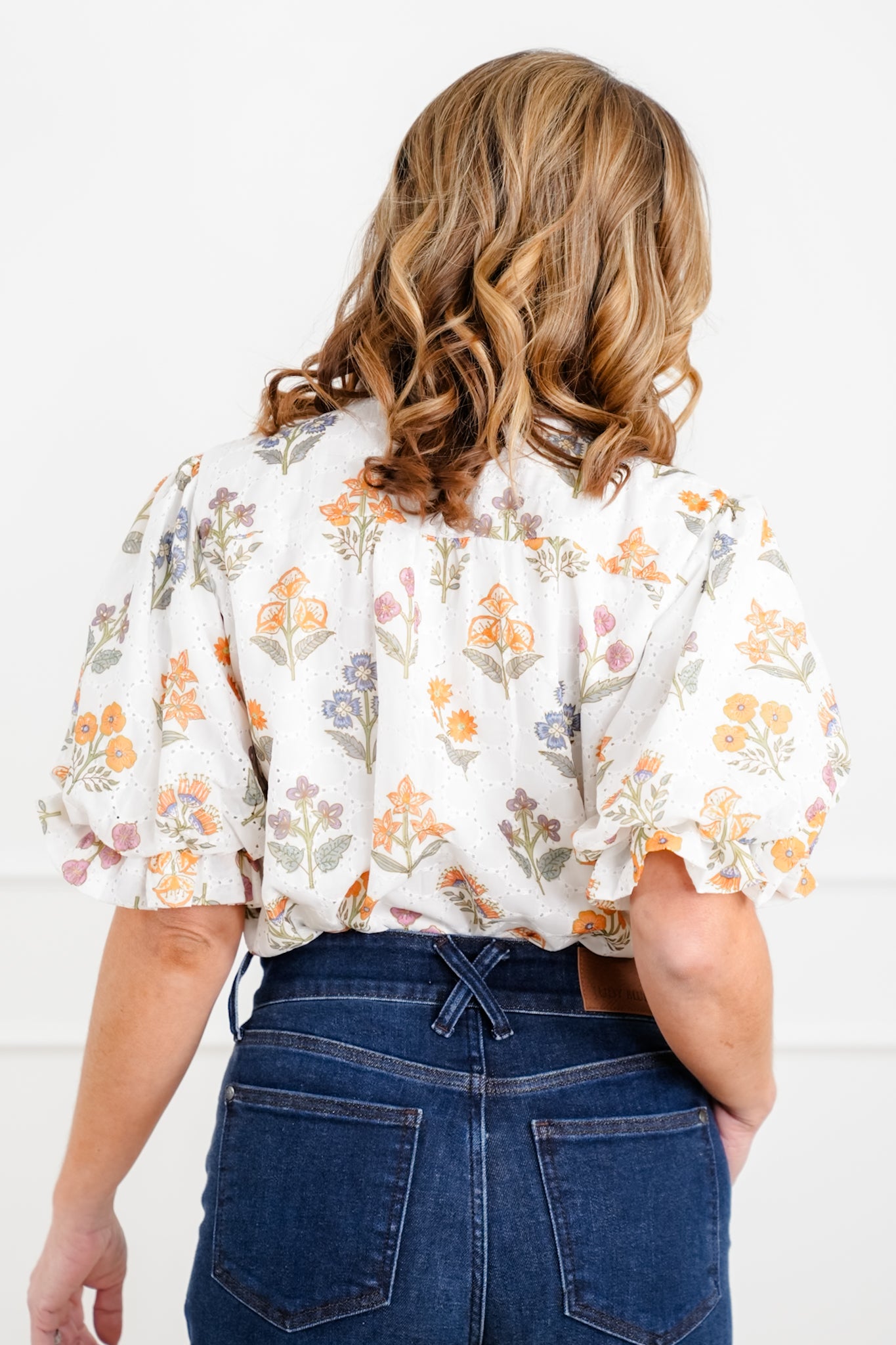 Floral Print Eyelet Short Puff Sleeve Button Down Top
