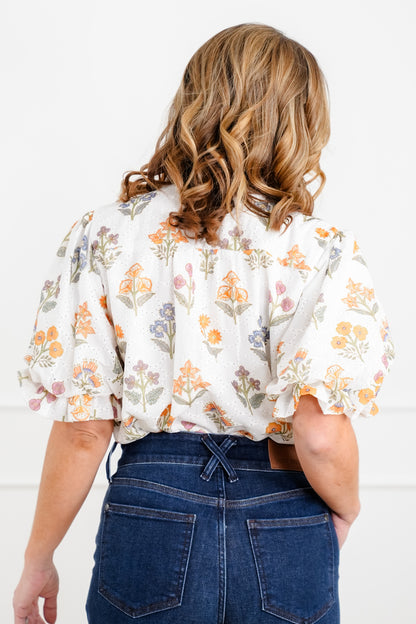 Floral Print Eyelet Short Puff Sleeve Button Down Top