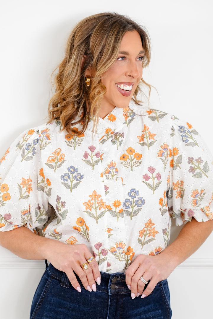 Floral Print Eyelet Short Puff Sleeve Button Down Top