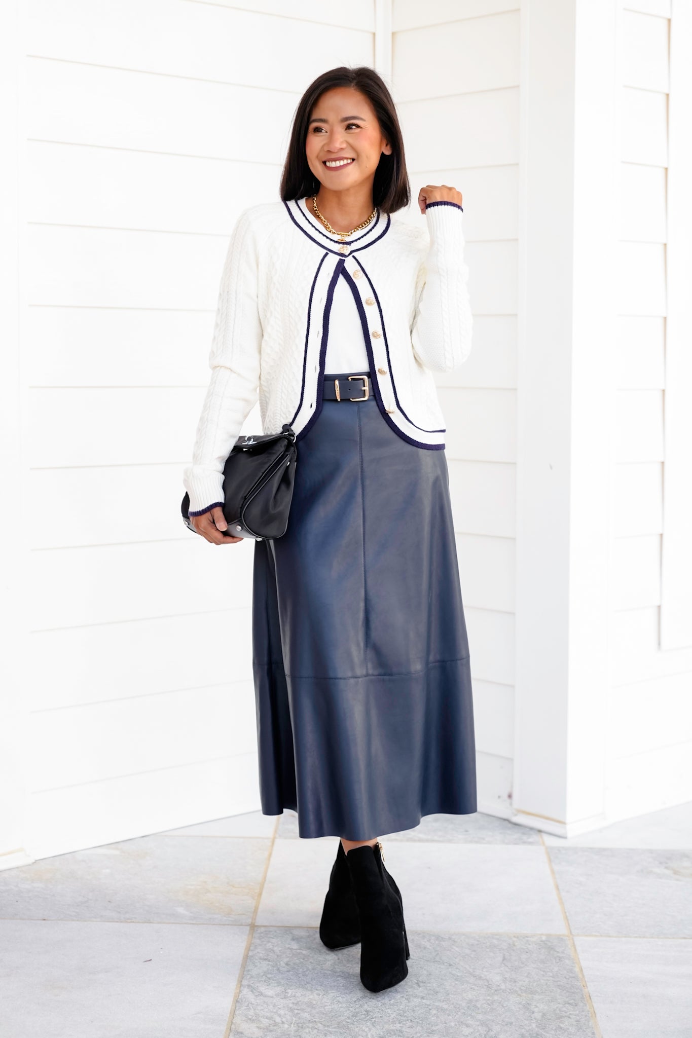 Cable Knit Button Down Cardigan with Contrast Trim