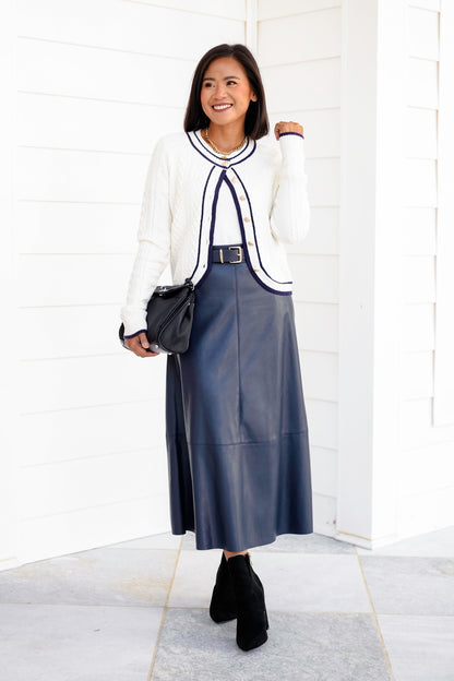 Cable Knit Button Down Cardigan with Contrast Trim