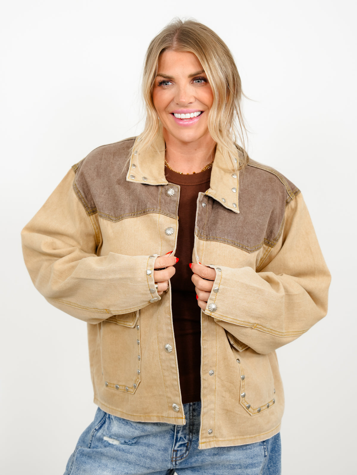 POL Heart Studded Snap Close Barn Jacket - Freckled Poppy