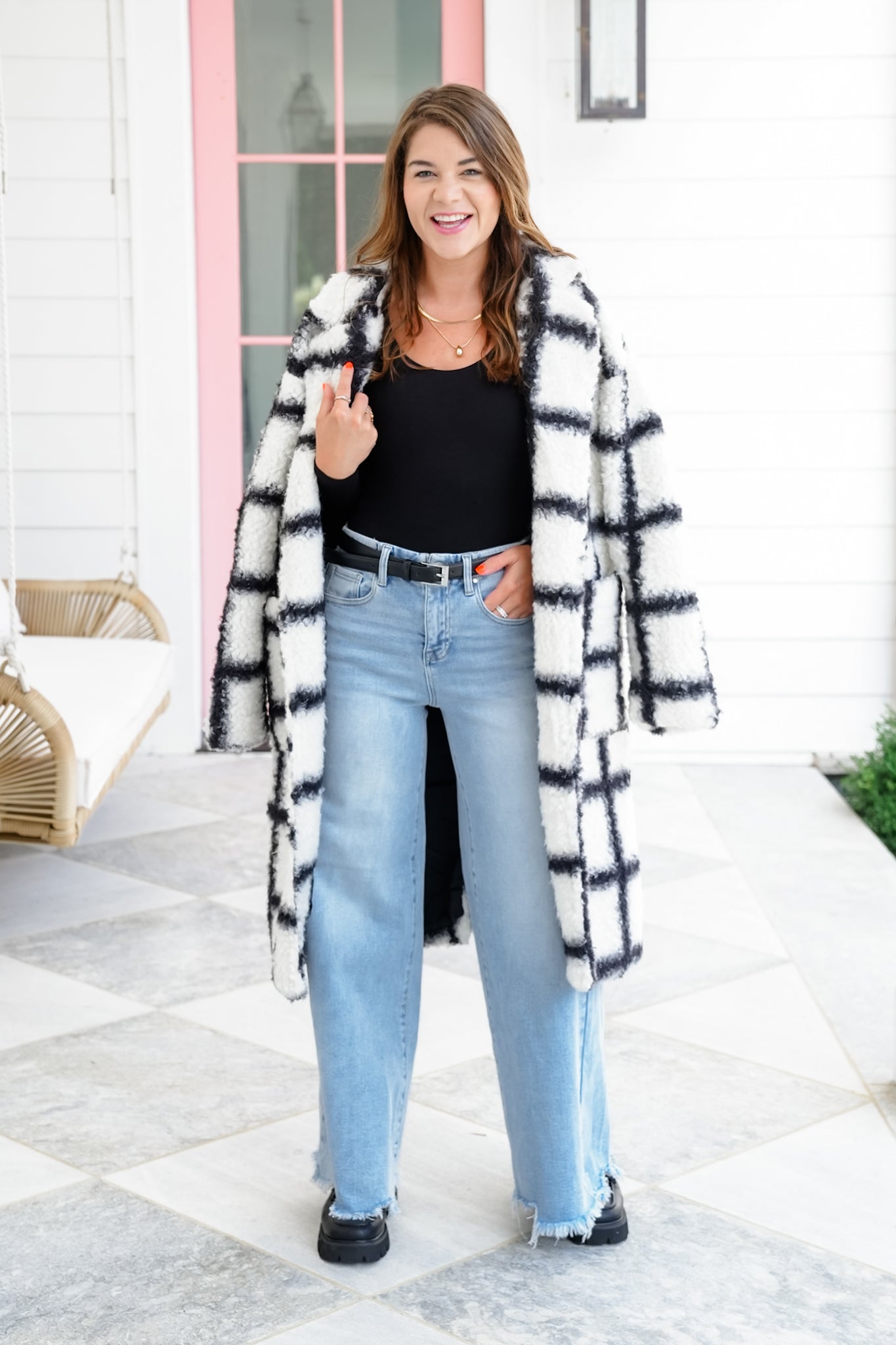 Plus/Reg Plaid Long Sleeve Open Front Fuzzy Coat