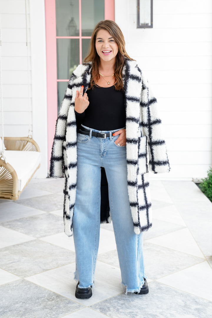 Plus/Reg Plaid Long Sleeve Open Front Fuzzy Coat