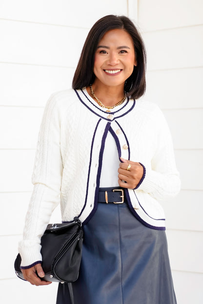 Cable Knit Button Down Cardigan with Contrast Trim