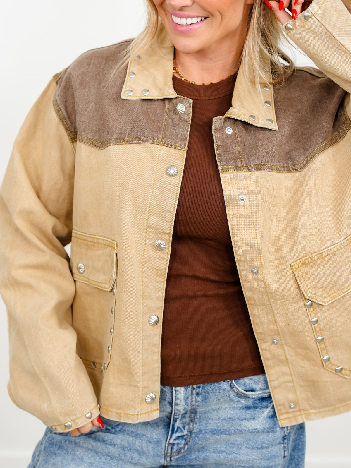 POL Heart Studded Snap Close Barn Jacket - Freckled Poppy
