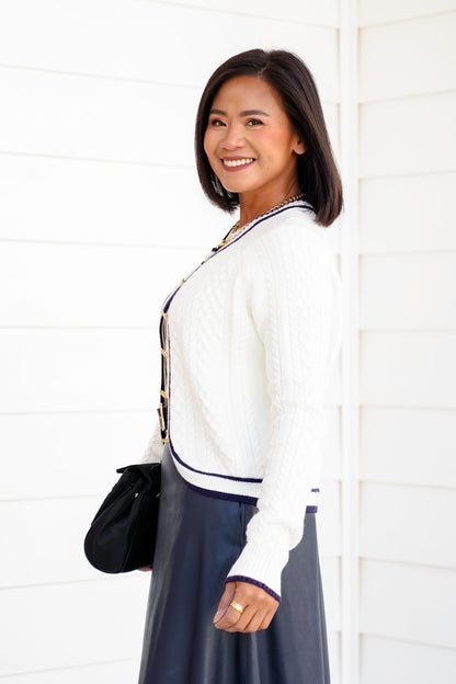 Cable Knit Button Down Cardigan with Contrast Trim
