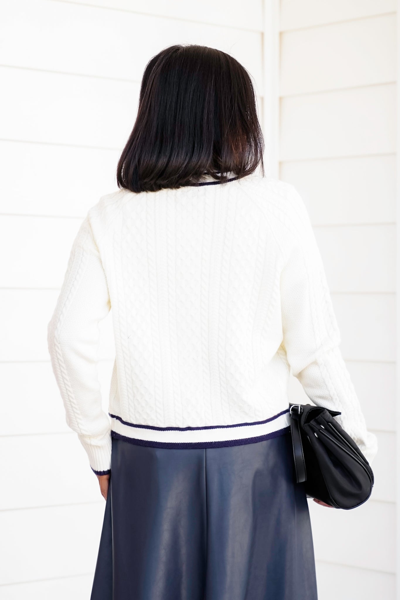 Cable Knit Button Down Cardigan with Contrast Trim