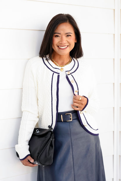 Cable Knit Button Down Cardigan with Contrast Trim