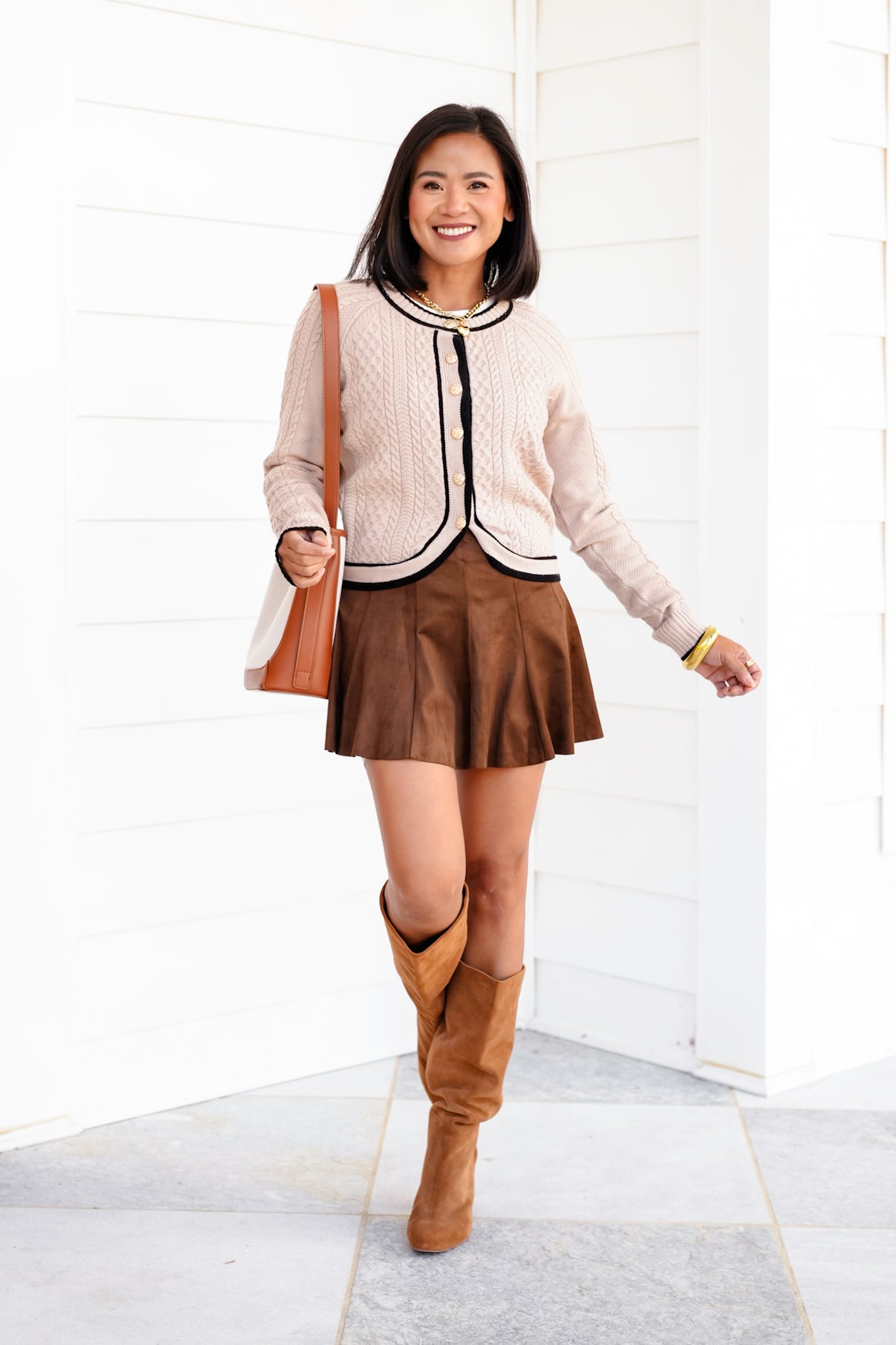 Cable Knit Button Down Cardigan with Contrast Trim