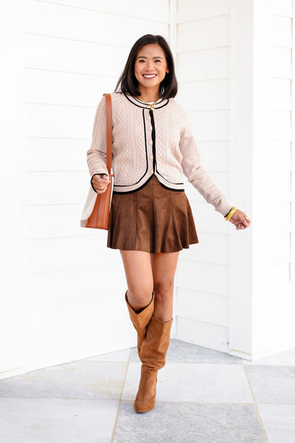 Cable Knit Button Down Cardigan with Contrast Trim