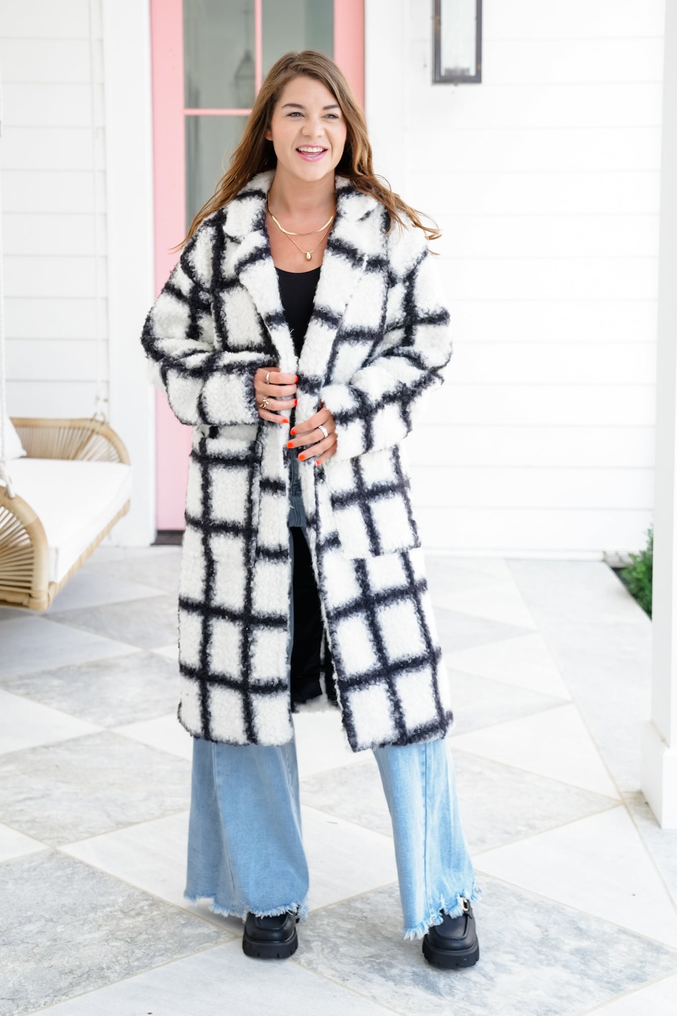 Plus/Reg Plaid Long Sleeve Open Front Fuzzy Coat