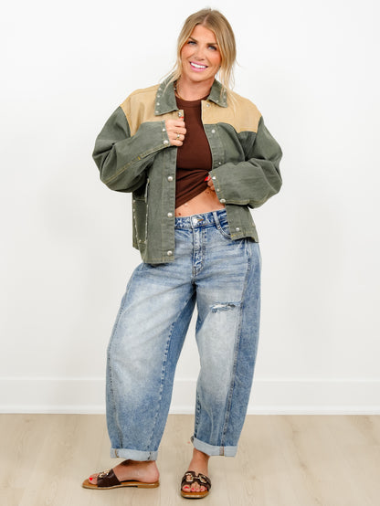 POL Heart Studded Snap Close Barn Jacket - Freckled Poppy