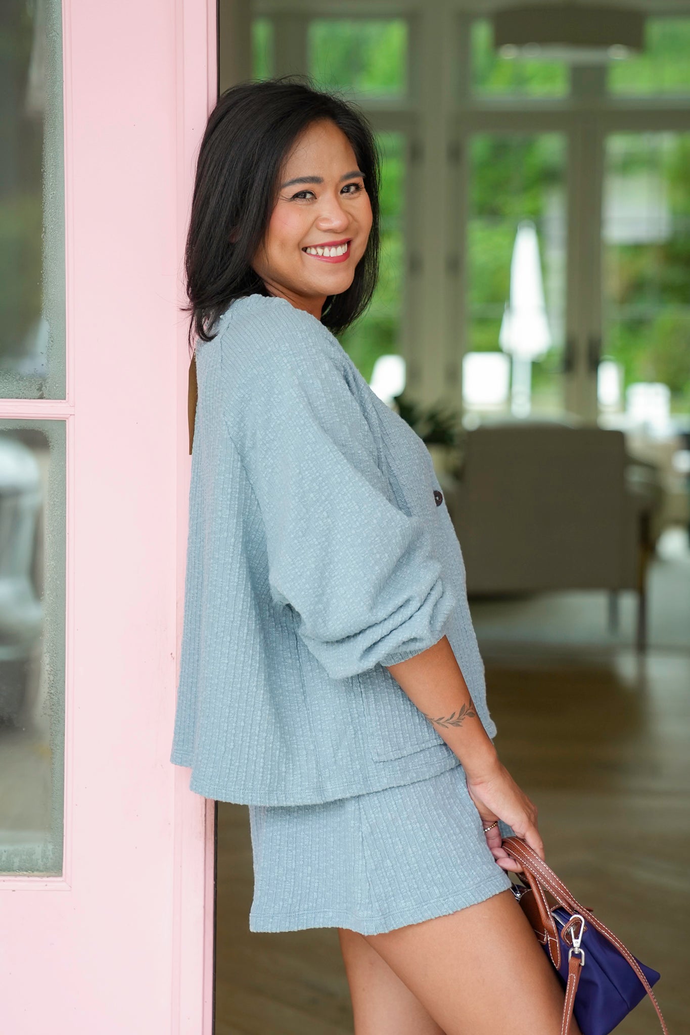 Textured Long Sleeve Cardigan and Shorts Set